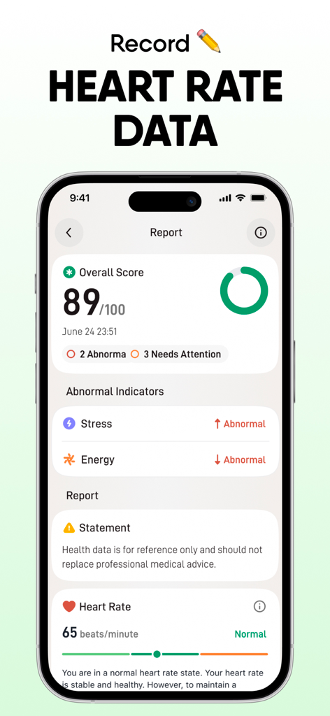 TruePulse - Healthy Life&Heart - A mobile health report interface showing an overall score of 89 along with stress levels and heart rate data.