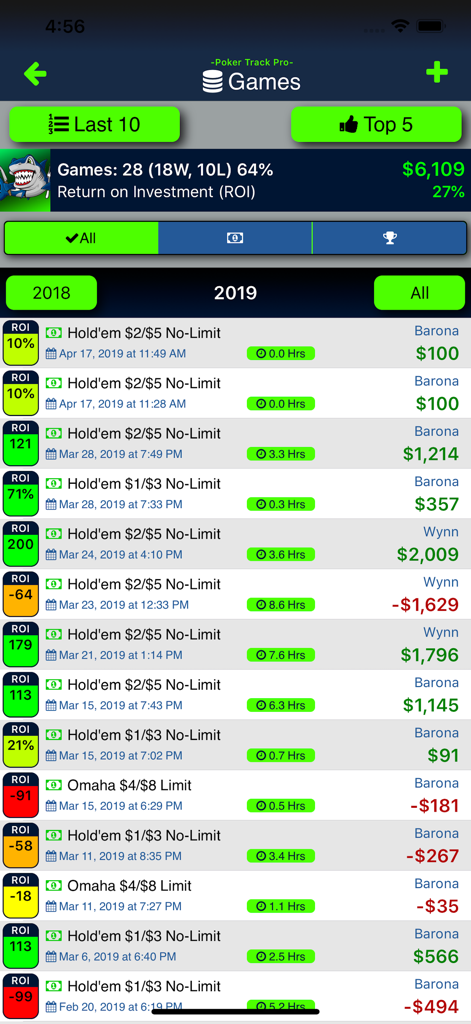 Poker Track Pro – Game Tracker - A detailed list of poker game sessions showing net profit, ROI, and duration for each entry within the app.
