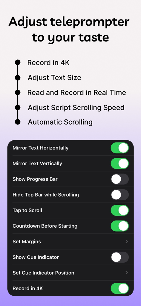 Floating Notes Teleprompter - Un elenco di funzionalità personalizzabili e impostazioni per l'app Teleprompter Note Fluttuanti, inclusa la registrazione 4K e le opzioni di scorrimento dello script.