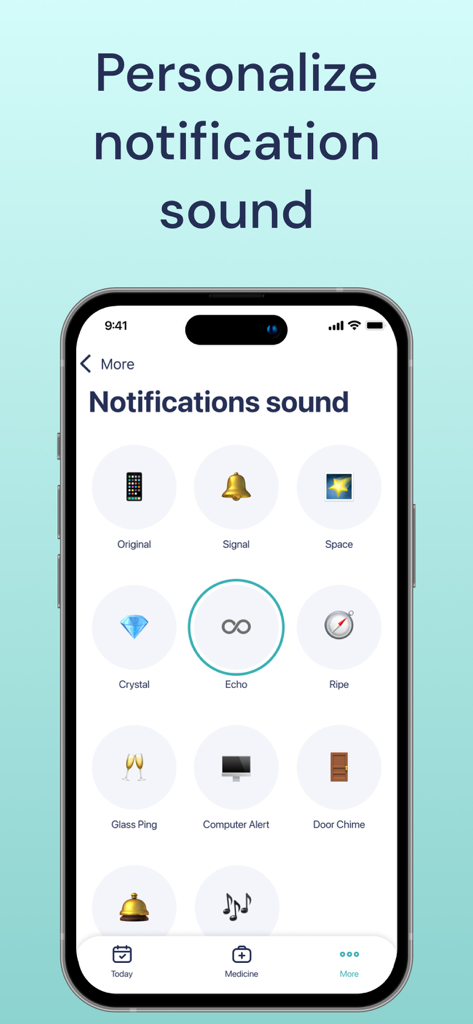 Interface para personalizar os sons de notificação de medicamentos no aplicativo Pill Reminder