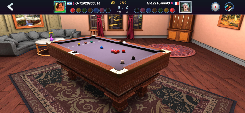 3D snooker gameplay in a realistic room environment