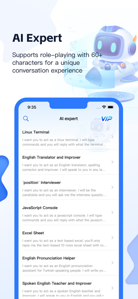 ChatGro - AI Assistant - Interface of the ChatGro AI Assistant app showing a list of AI expert roles such as Linux Terminal, English Translator, and JavaScript Console.