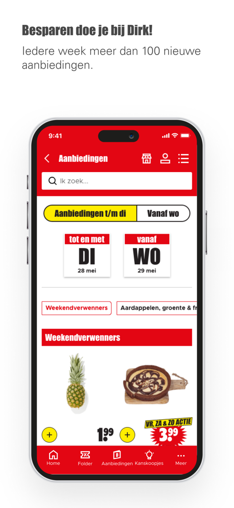 Interface do aplicativo Dirk Supermarkt mostrando ofertas semanais de supermercado e itens alimentícios com desconto