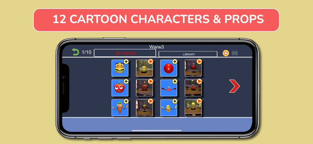 Animate Me 3D - A library screen in the Animate Me 3D app showcasing twelve cartoon characters and props for animation