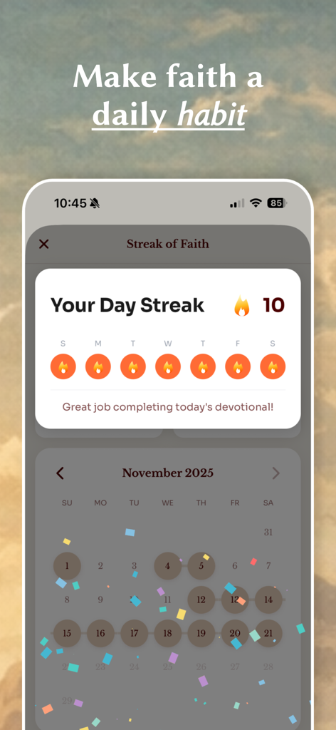 Sermon Scribe: Christian Notes - A screenshot of the Sermon Scribe app displaying a 10 day faith streak and a calendar for tracking daily devotionals