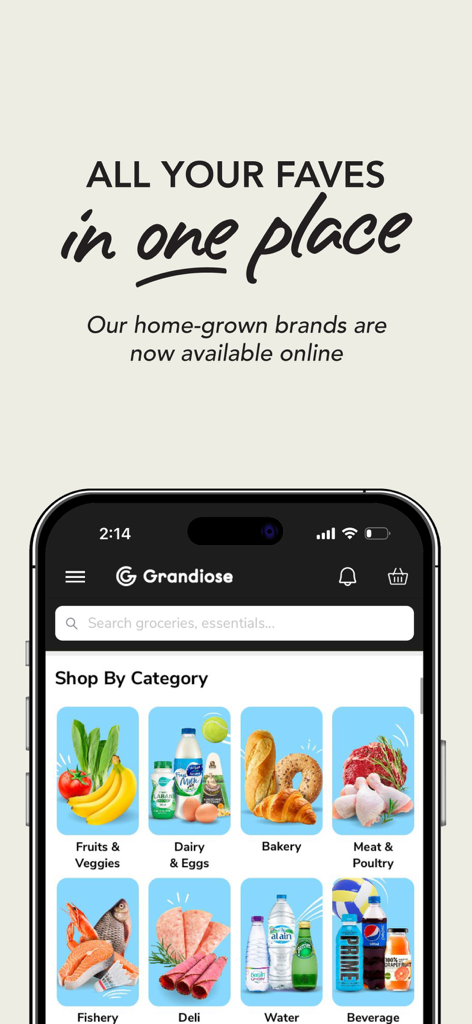 Grandiose Supermarket - Pantalla de inicio de la aplicación Grandiose Supermarket que muestra varias categorías de comestibles como frutas, lácteos y panadería