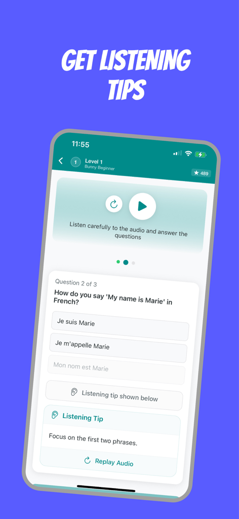 Frenchico - Learn French Fast - A French listening exercise on the Frenchico app featuring a multiple choice question and a helpful learning tip.