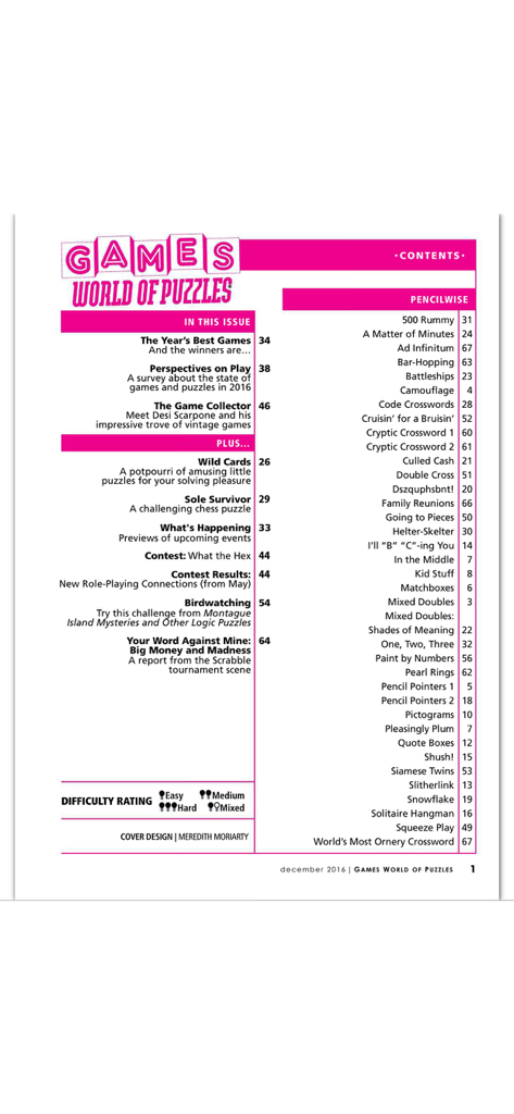 Games World of Puzzles - Tabla de contenido de la revista Games World of Puzzles que enumera varios crucigramas y acertijos lógicos