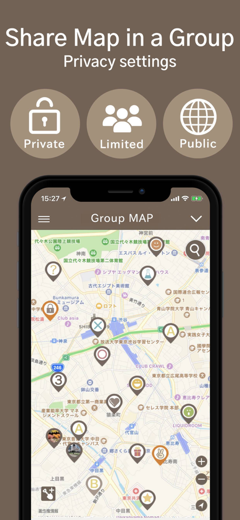 MAP COLLECTION diground - Interface de configurações de privacidade para mapas de grupo no aplicativo diground, apresentando opções de compartilhamento privado, limitado e público