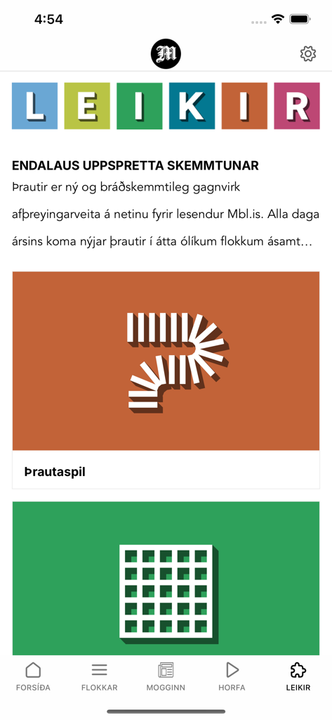 The games and puzzles interface within the Mogginn mobile app