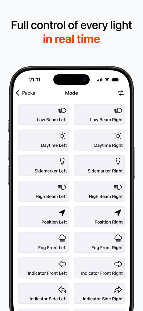 Interface of the BimmerLight app on an iPhone showing various light control buttons for BMW and Mini vehicles