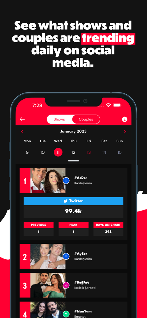 Dizilah - Dizilah app screen displaying trending Turkish drama couples and social media interaction rankings