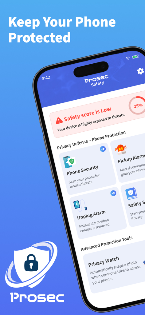 Panel de la aplicación Prosec mostrando puntuaciones de seguridad del teléfono y herramientas antirrobo