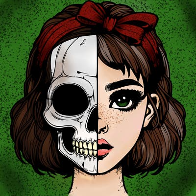 realistic girl with half skull mask