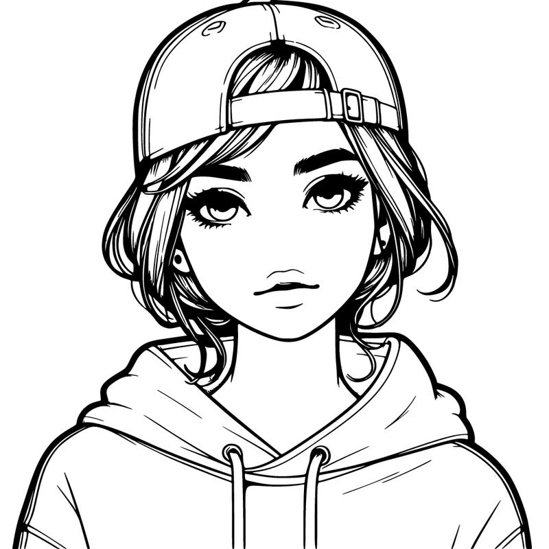 beautiful realistic girl with backwards baseball cap and a sweat shirt