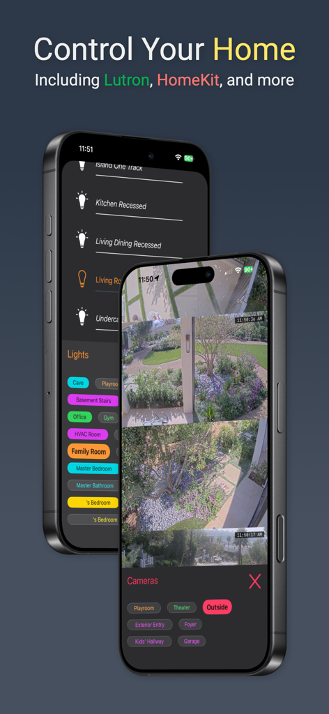 Roomie Remote X app interface for smart lighting and security camera monitoring on iPhone