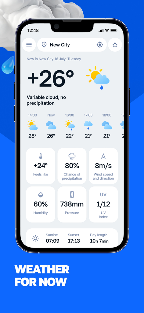Meteoprog - Weather Forecast - Interfaccia dell'app meteo Meteoprog che mostra la temperatura attuale, la velocità del vento e i dati di umidità