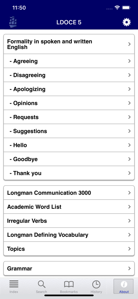 LDOCE - Main menu of the LDOCE app showing sections like Formality Academic Word List and Grammar