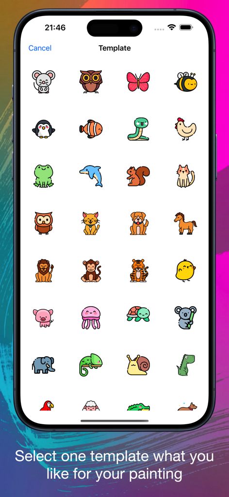 A screen displaying a variety of cartoon animal icons to be used as painting templates in the app
