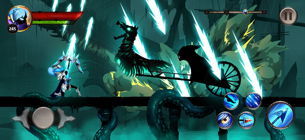 Batalha contra chefe arqueiro no RPG de ação Stickman Legends com um herói arqueiro lutando contra um chefe das sombras.