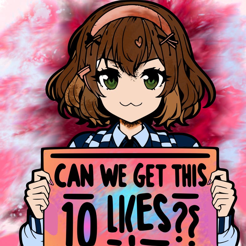 an anime girl holding up a sign that says, “can we get this to 100 likes?”