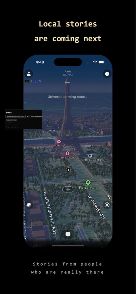 A virtual 3D map of Paris featuring the Eiffel Tower in the Fancian app interface.