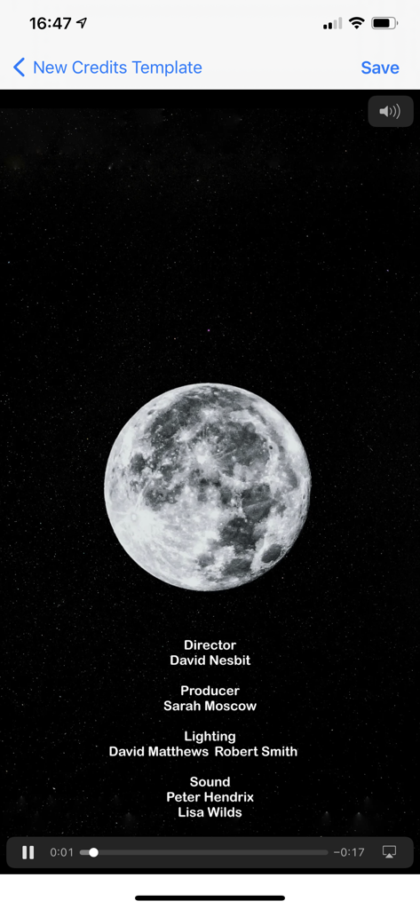 Mobile app interface showing a cinematic movie credit roll scrolling over a moon background