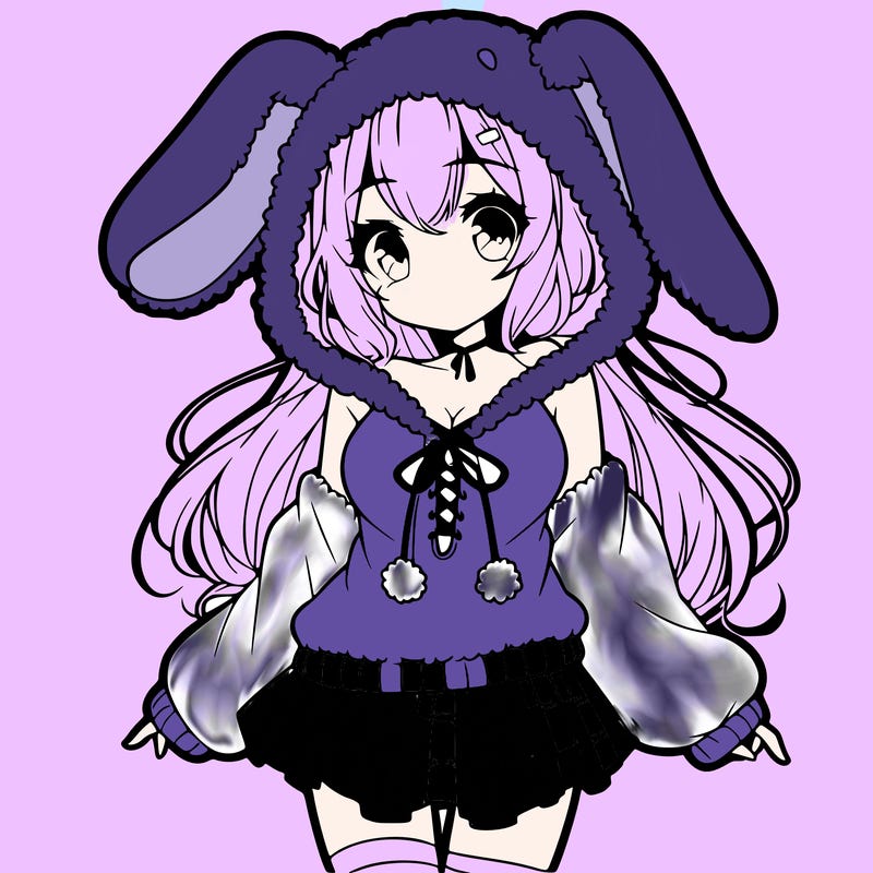 pretty anime girl wearing a fluffy hoodie with bunny ears on the hood and a skirt