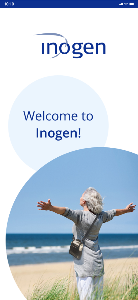 Inogen Connect Portable Oxygen - Welcome screen for Inogen Connect app featuring a senior woman using a portable oxygen concentrator at the beach