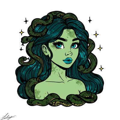 realistic girl with snakes as hair