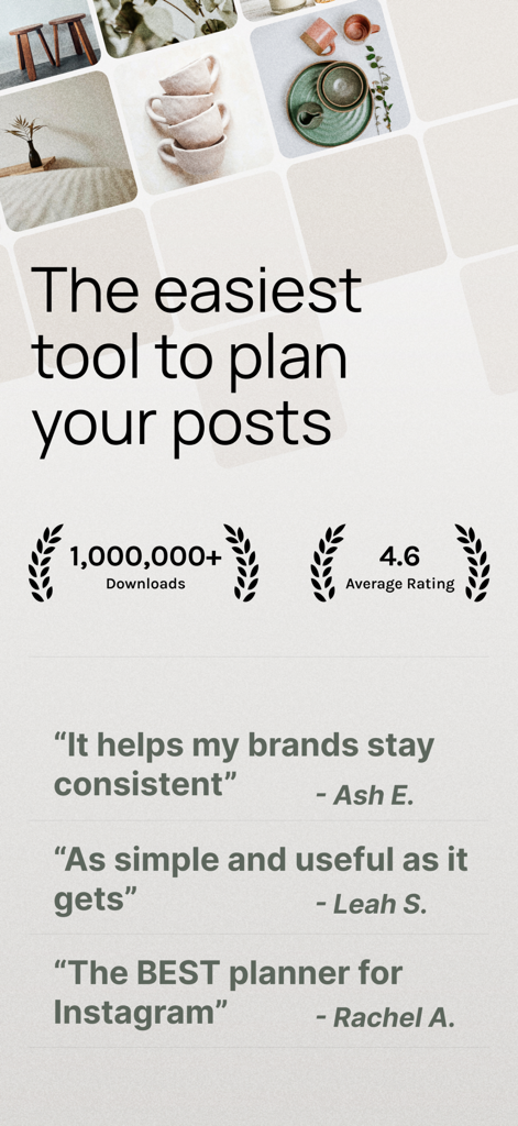 Promotional screen for an Instagram grid layout app showing over one million downloads and user reviews