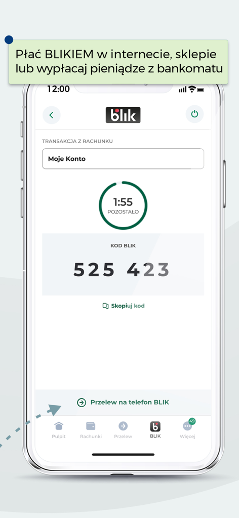 BOŚBank24 - BOŚBank24 mobile app screen showing a BLIK payment code and countdown timer