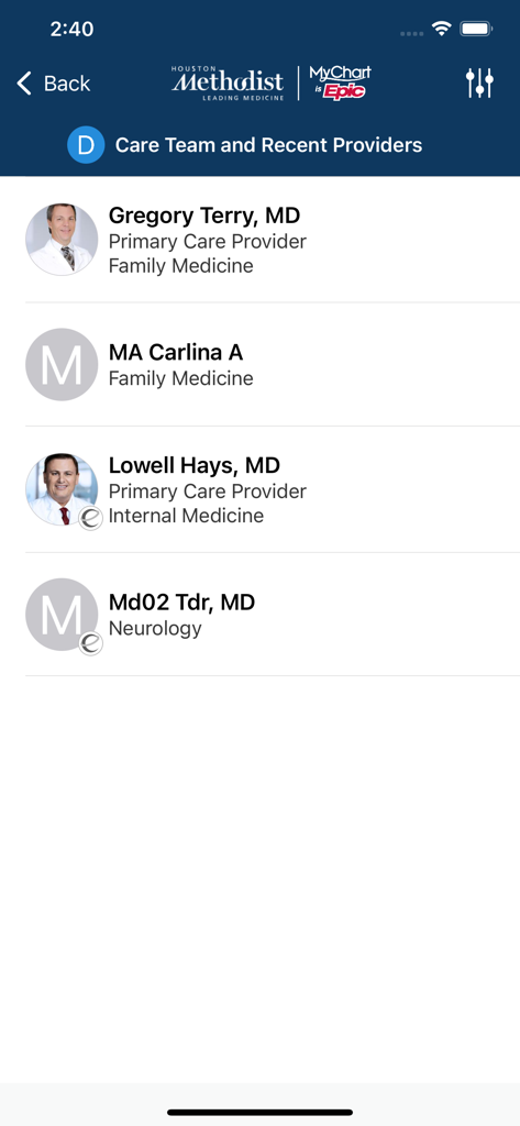 MyMethodist - MyMethodist app interface displaying a list of medical doctors and healthcare providers in the Care Team section.