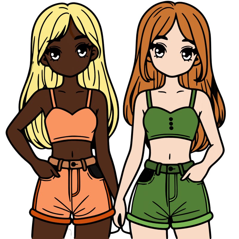 two sisters with crop tops and jean shorts and straight hair