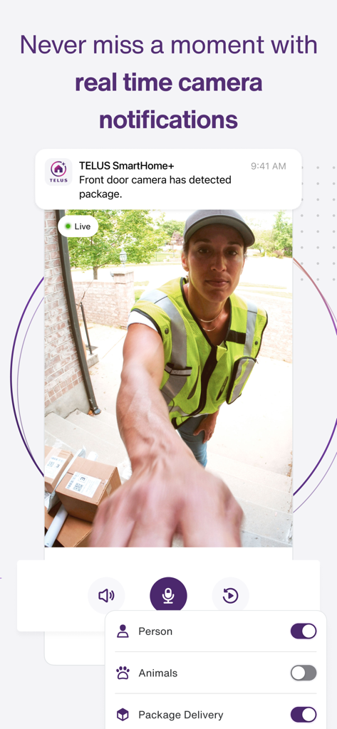 TELUS SmartHome plus app interface showing a real time notification for a package detected on a front door camera live feed