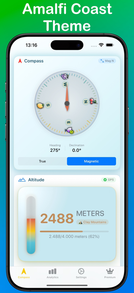 TrueNorth app interface displaying the Amalfi Coast theme with compass and altitude readings.