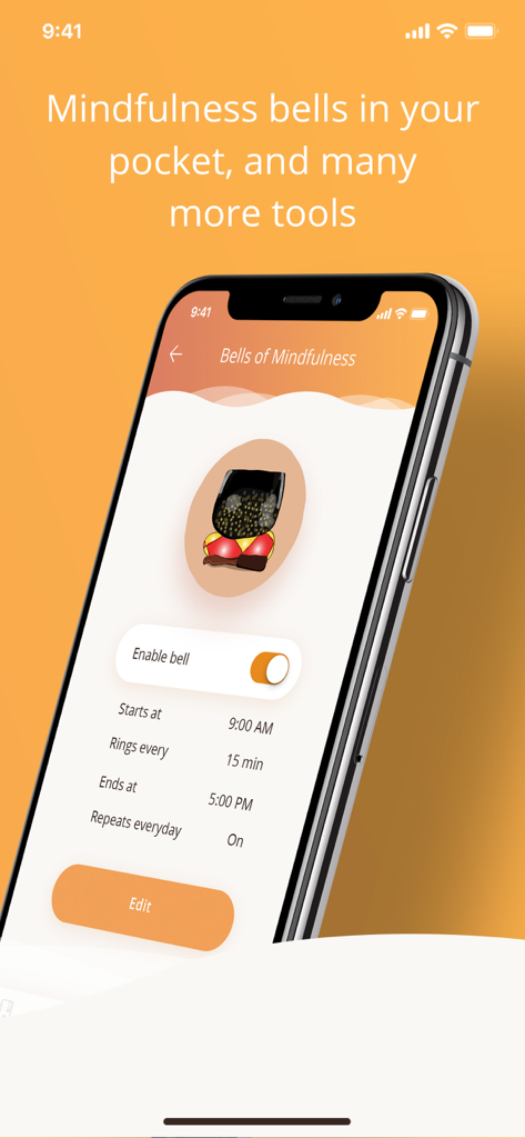 Una interfaz de smartphone que muestra la configuración personalizable de las Campanas de Atención Plena dentro de la aplicación de meditación Plum Village.