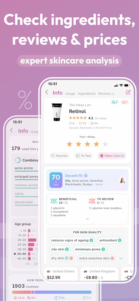 Detailed skincare product analysis showing ingredients reviews and pricing in the FeelinMySkin app