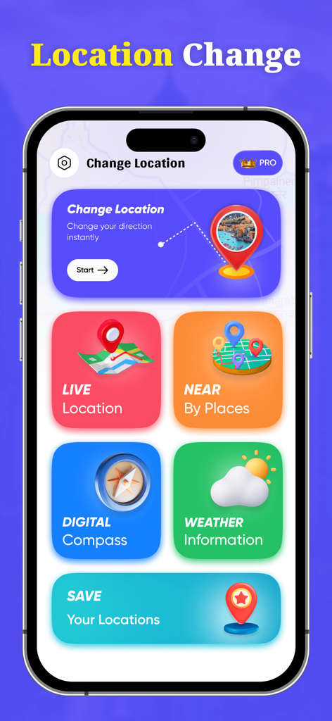 Change Location & Save GPS - Main menu of the Change Location and Save GPS app showing navigation features including live location, digital compass, weather, and saved locations