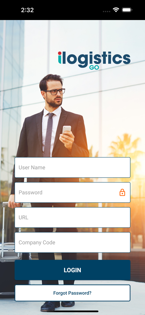 iLogistics Go - iLogistics Go mobile app login screen with fields for username password URL and company code