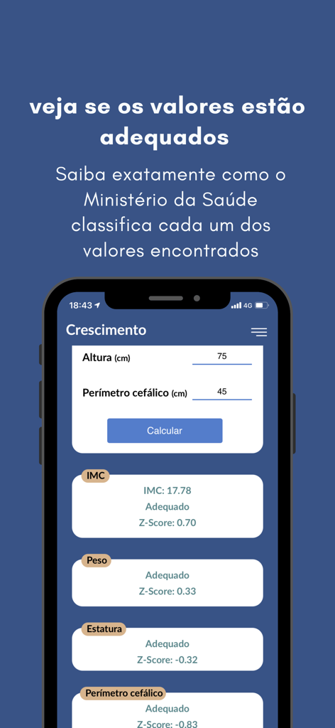 Calculadora de crescimento - Tela do aplicativo Calculadora de Crescimento exibindo métricas de crescimento infantil e cálculos de escore Z.