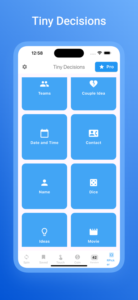 Picker Wheel - Spin Decisions - Main interface of the Picker Wheel app featuring a grid of decision making options like Teams and Movies