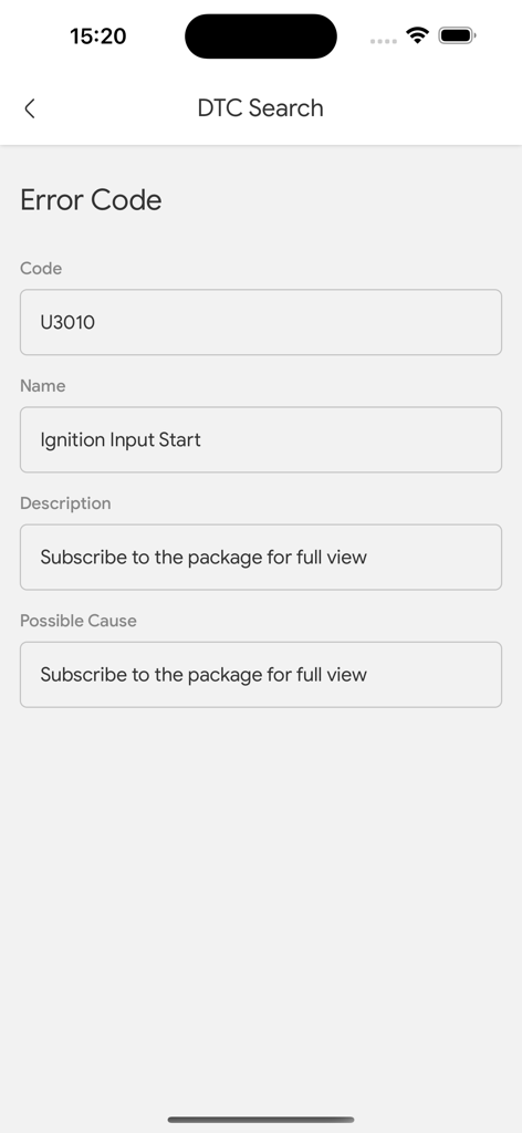 Auto ISM - DTC-Suchbildschirm in der Auto ISM App, der Details zum Kfz-Fehlercode U3010 anzeigt
