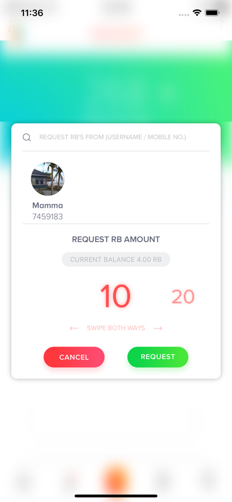 A mobile interface for requesting balance points from a contact in the Mamen app