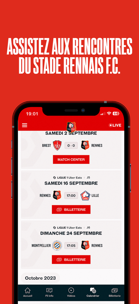 スタッド・レンヌFCモバイルアプリ、試合スケジュールと結果、チケットオプションを表示