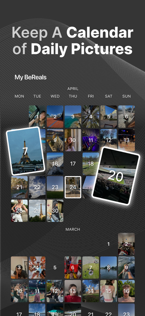 BeReal app interface showing a monthly calendar grid of daily photo memories