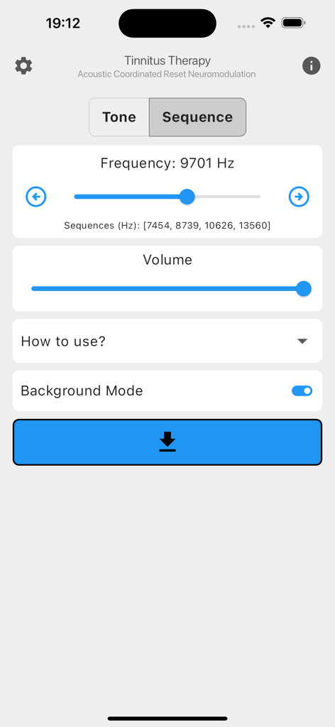 Tinnitus Therapy - ACRN - Interface de l'application Tinnitus Therapy pour ajuster la fréquence et le volume du son acoustique