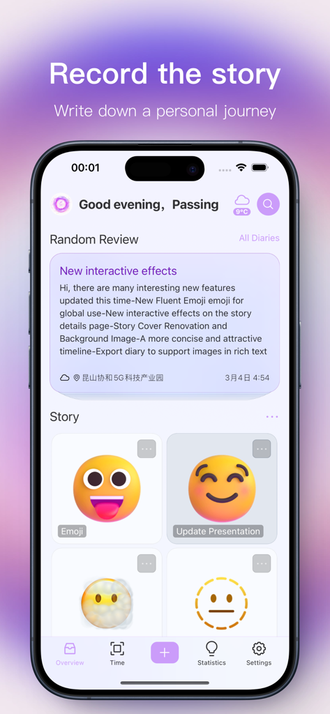 Smartphone screen displaying the Shine diary app with a random review card and colorful mood emojis