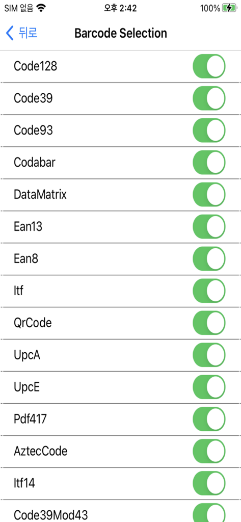 Barcode selection menu with toggle switches for various formats like Code128 and QR Code