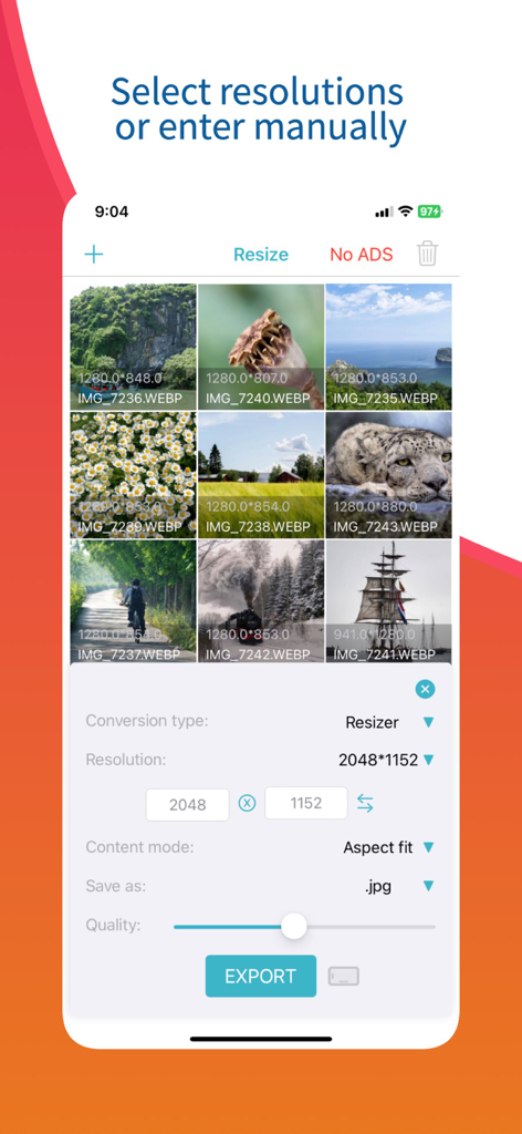 reduce image size - resizer - Oberfläche der Bildgrößenänderungs-App, die die manuelle Auflösungseingabe und Stapelverarbeitungsoptionen für mehrere Fotos zeigt.